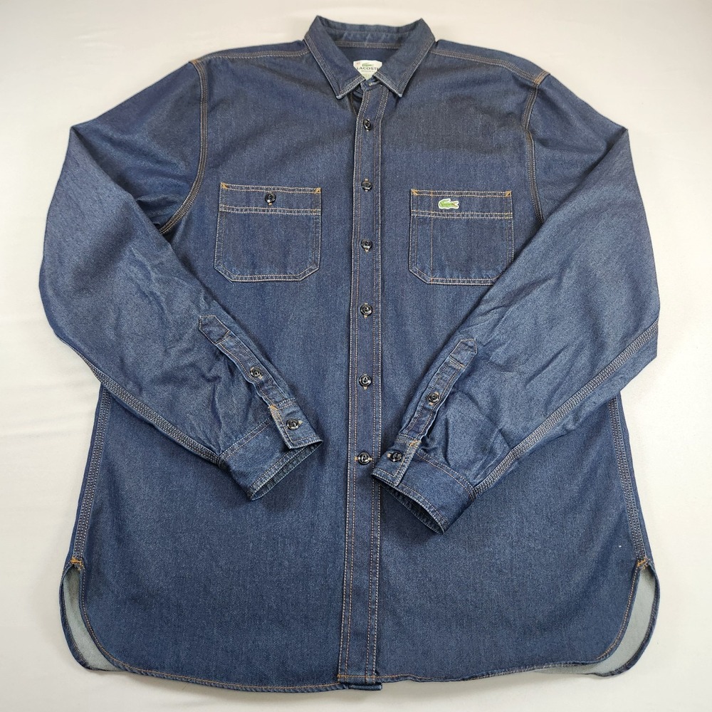 Lacoste Denim Button Up Shirt Dbl Pocket Alligator Men Size 42 (Large)